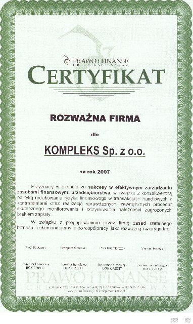 Certyfikat Rozważna Firma